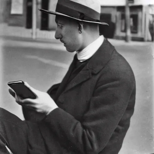 Prompt: man in 1 9 2 0 on iphone, black and white photograph