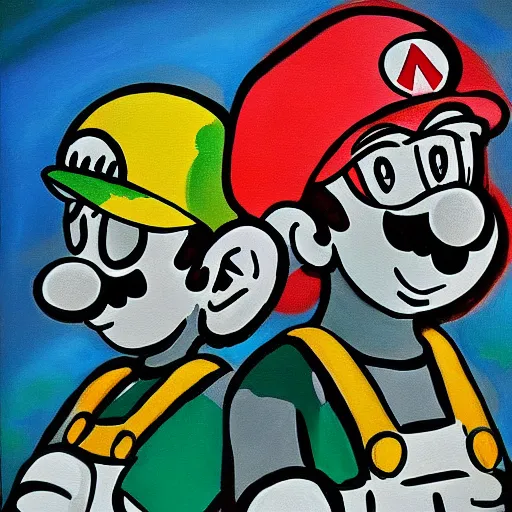 Image similar to a painting of mario and luigi in the style of stanley donwood