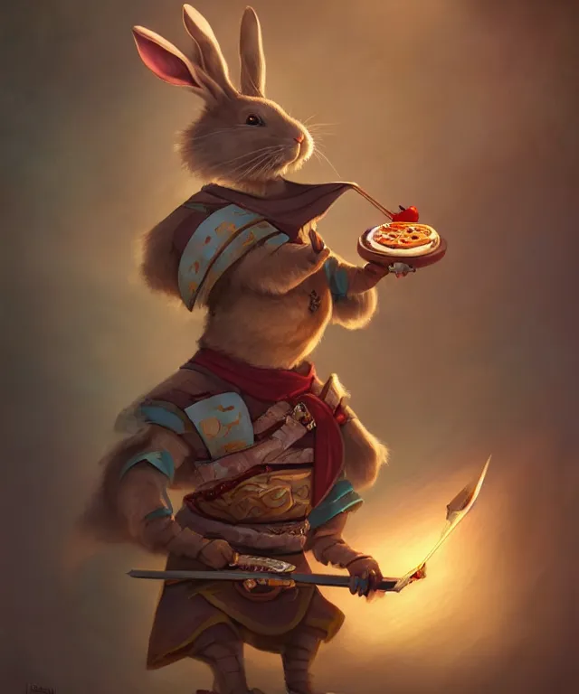 Image similar to a portrait an anthropomorphic rabbit samurai eating pizza, landscape in background, cute and adorable, dnd character art portrait, well rendered matte fantasy painting, deviantart artstation, by jason felix by steve argyle by tyler jacobson by peter mohrbacher, cinematic lighting