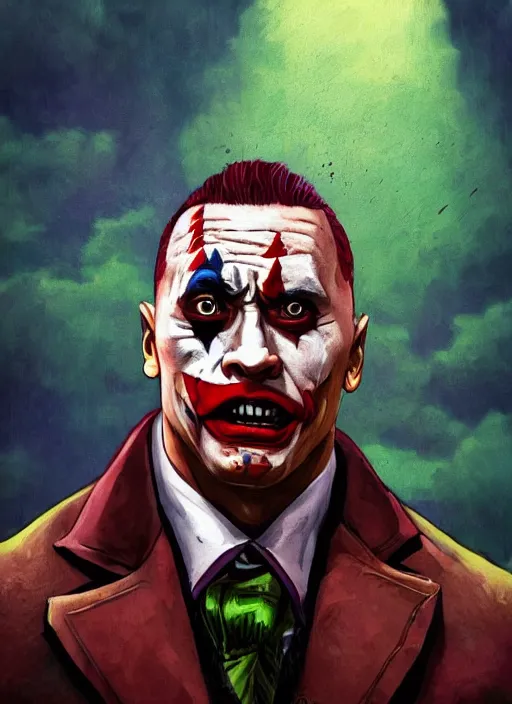 Image similar to dwayne johnson as joker, movie shot, crazy make up clown, impressive, trippy, by katsuya terada and albert bierstadt and dan mumford, hd, artstation