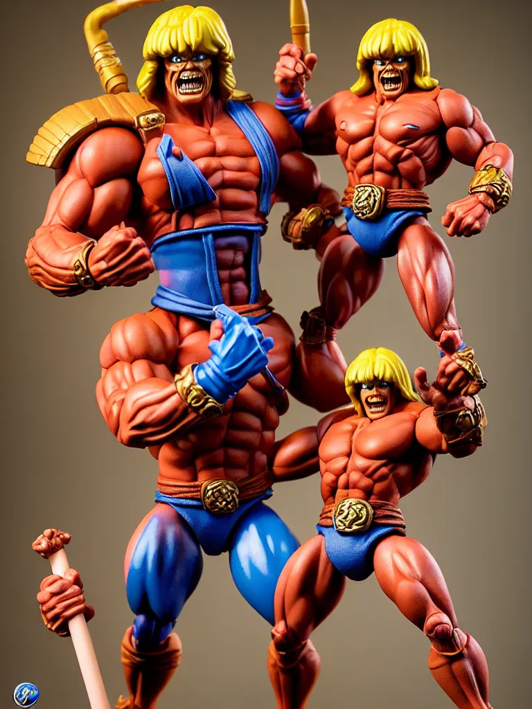 Image similar to hyperrealistic rendering, he - man by art of skinner and richard corben and jeff easley, product photography, action figure, sofubi, studio lighting, colored gels