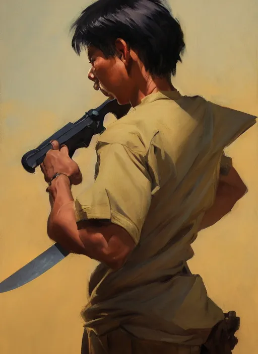 Prompt: greg manchess portrait of a filipino man holding a blade standing in front of a tank, asymmetrical, profile picture, organic painting, sunny day, matte painting, bold shapes, hard edges, street art, trending on artstation, by huang guangjian, gil elvgren, ruan jia, randy vargas, greg rutkowski