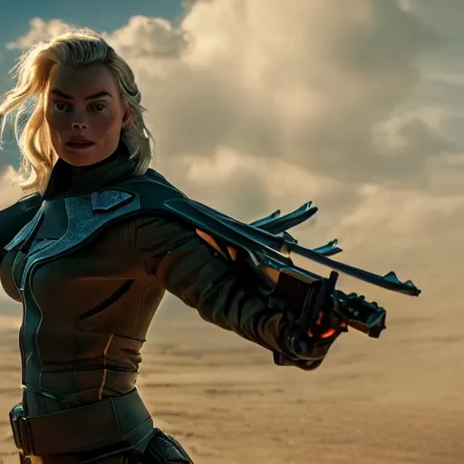 Image similar to action shots of Margot Robbie as mercy from over watch, alternate angle, imax, 4K, cinematic, volumetric