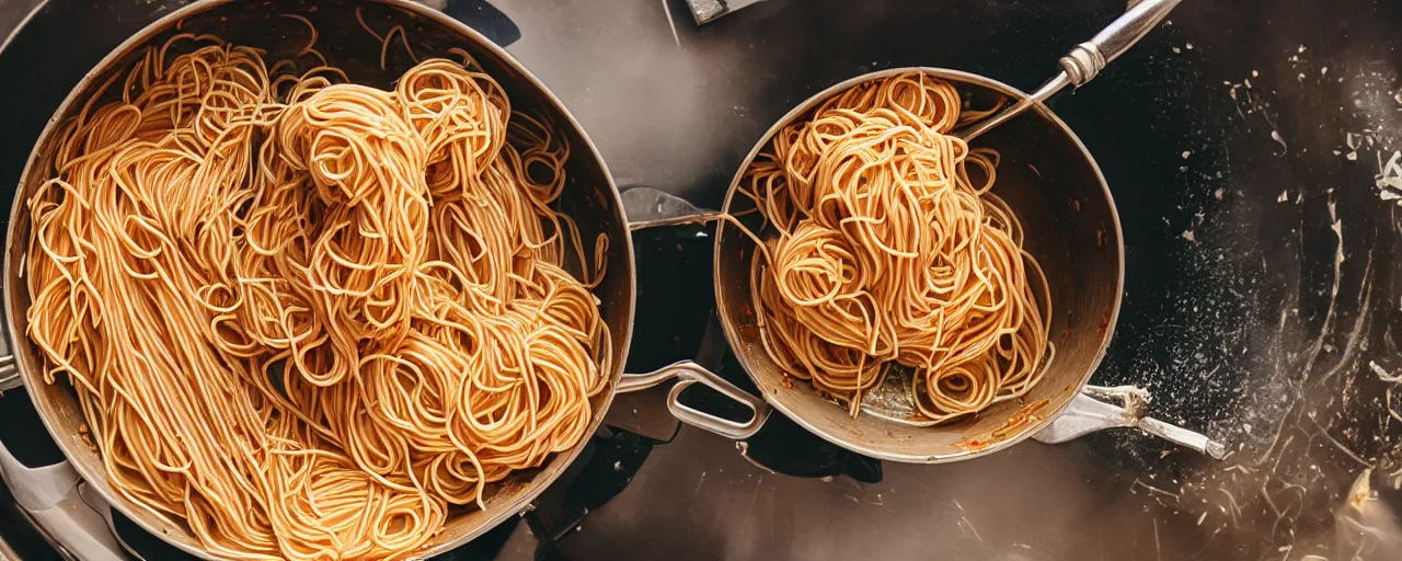 Prompt: macro shot preparing spaghetti in a pot on a stove! only one!, clean surface, kodachrome, in the style of wes anderson, retro