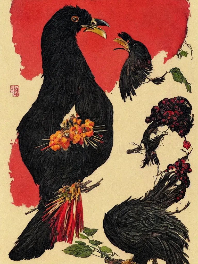 Prompt: a Portrait of a beautiful Black Chicken with a glorious red comb tattoo by Norman Rockwell