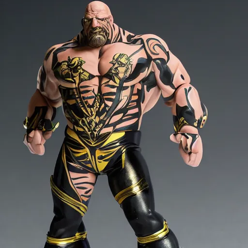 Image similar to Full body shot of a highly detailed flexible Triple H vinyl plastic figurine as a villain, highly detailed face, white background, 3d, high quality, depth of field, high contrast, 8k, concept art, smooth, sharp focus, highly detailed, wrestling, WWE