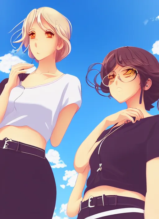 Image similar to two beautiful mature women under a blue sky, casual summer clothes, gorgeous faces, thick lines, cinematic lighting, detailed anime art