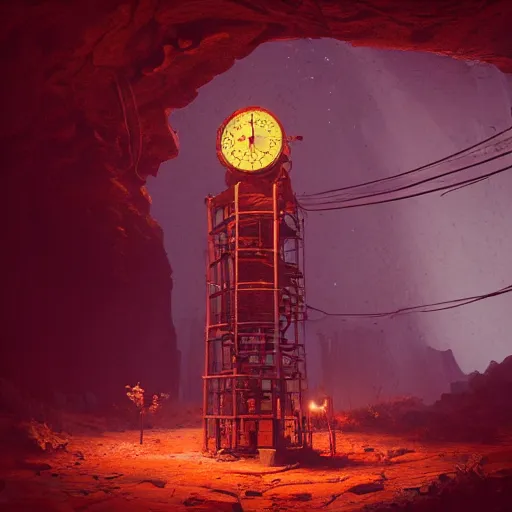 Image similar to an abandoned old rusty clocktower in a dark enormous cave, Low level, rendered by Beeple, Makoto Shinkai, syd meade, simon stålenhag, synthwave style, digital art, unreal engine, WLOP, trending on artstation, 4K UHD image, octane render