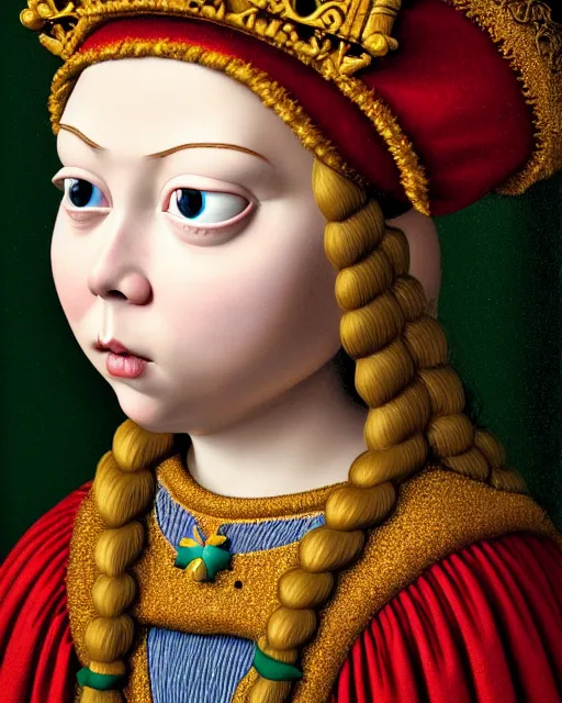 Image similar to closeup profile medieval jan van eyck face portrait of tin toy greta thunberg as a fairytale princess wearing a crown eating cakes in the castle, bikini, nicoletta ceccoli, mark ryden, lostfish, max fleischer, depth of field, detailed and intricate environment, 8 k resolution, hyperrealistic, octane render