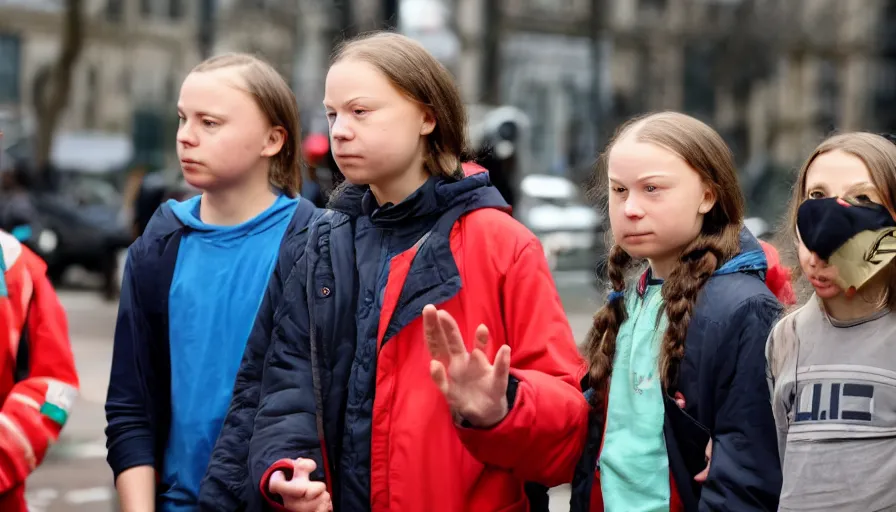 Prompt: greta thunberg instigating a fight in front of the police