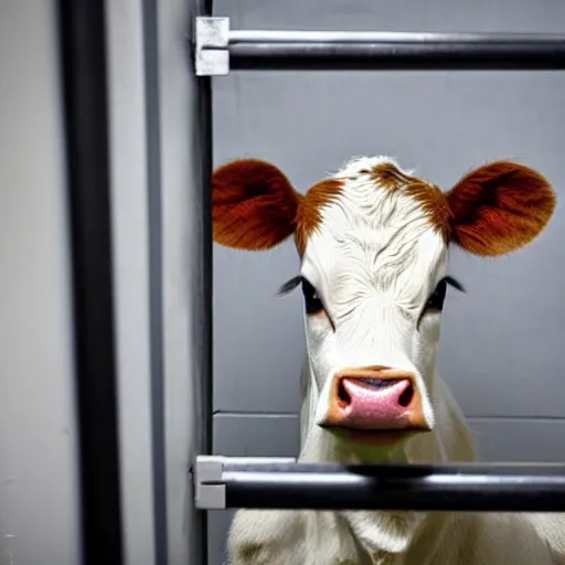 Prompt: mugshot of a cute calf with big eyes dressed as an inmate inside a jailcell