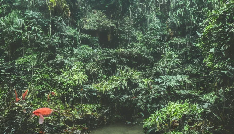 Image similar to a rainy foggy jungle, river with low hanging plants, there is a giant coral colored octopus in the water, great photography, ambient light