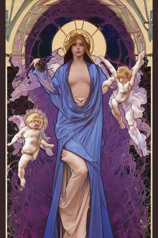 Image similar to the immaculate conception, by artgerm and moebius and alphonse mucha, hyperdetailed, dc comics, explosions in the sky, trending on artstation