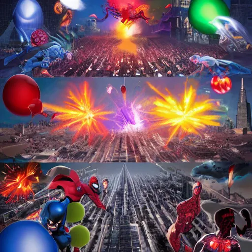 Image similar to a large-scale battle of Marvel superheroes against DC villains, hundreds of glowing balloons, cinematic light, matte painting, epic, cinematic, matte painting, trending on artstation by Craig