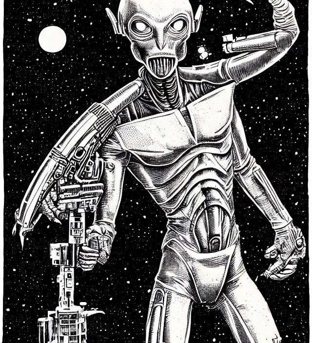 Image similar to a gray alien with a ray pistol, pen - and - ink illustration, etching, by russ nicholson, david a trampier, larry elmore, 1 9 8 1, hq scan, intricate details, high contrast, no background