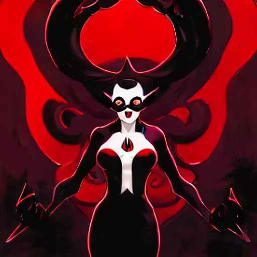 Image similar to rafael albuquerque comic art, peter mohrbacher, phil noto, artgerm, pretty evil elizabeth olson demon, black and red dress, symmetrical eyes