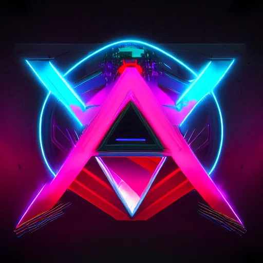 Image similar to a complex bifurcated scifi logo for a synthwave music producer, digital 3 d, black background, trending on artstation