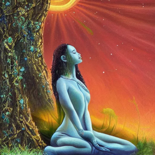 Image similar to A detailed oil painting of a space empress meditating under a tree, detailed artwork