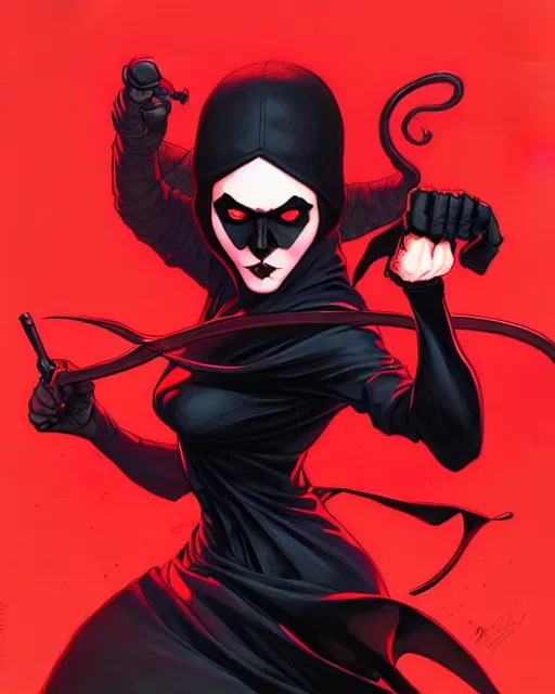 Prompt: rafael albuquerque comic art, peter mohrbacher, phil noto, artgerm, pretty evil elizabeth olson witch, black and red dress, symmetrical eyes