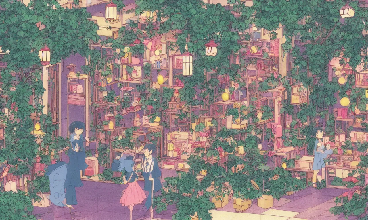 Image similar to A cute aesthetic still frame from an 80's anime, magic bookshop with lush plants, magic details, waterfall, lanterns