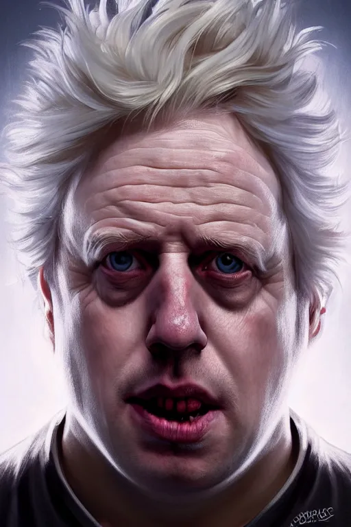 Image similar to Boris Johnson as Rick Sanchez, one single eyebrow, white robe, big eyes, portrait, symmetrical, highly detailed, digital painting, artstation, concept art, smooth, sharp focus, illustration, cinematic lighting, art by artgerm and greg rutkowski and alphonse mucha