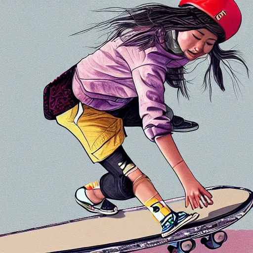 Image similar to lady skateboarding, high detail, illustration by uijung kim