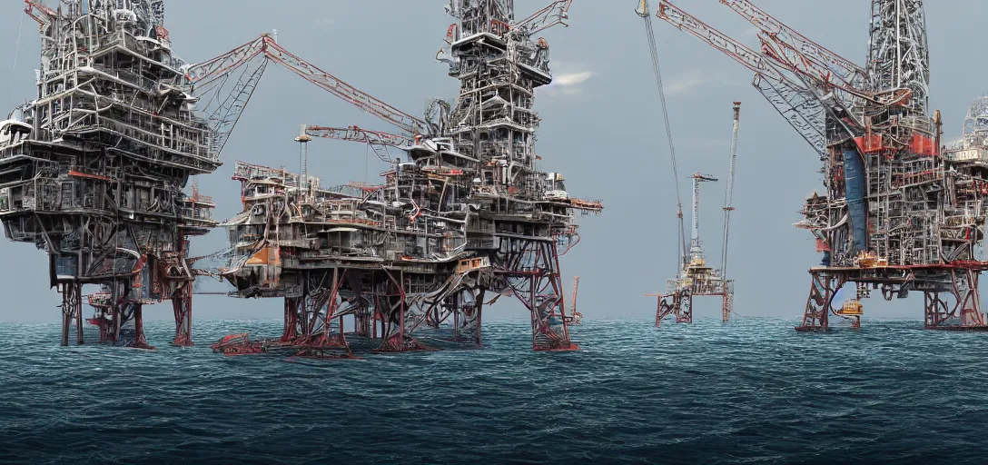 Image similar to offshore oil rig in treacherous waters, highly detailed, ultra detailed, award-winning, trending on artstation, megalophobia