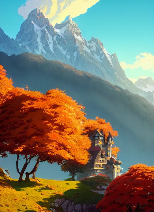 Prompt: a wholesome animation key shot, castle in the middle, swiss alps in the background, autumn foliage in the foreground, studio ghibli, pixar and disney animation, sharp, rendered in unreal engine 5, anime key art by greg rutkowski, bloom, dramatic lighting