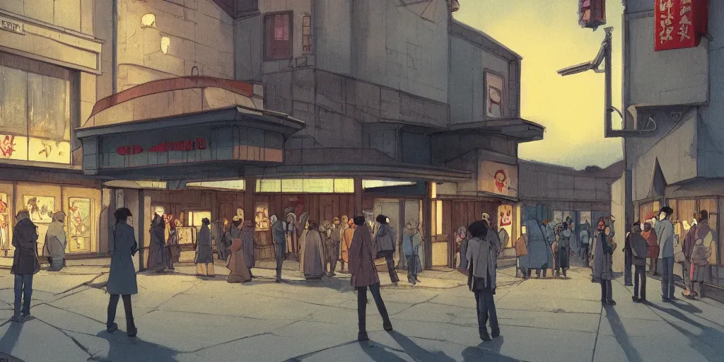 Image similar to loitering outside the old cinema, evening, hayao miyazaki, artstation