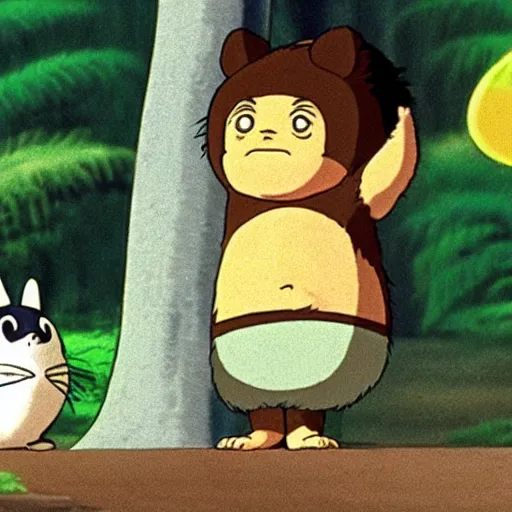 Prompt: a screenshot of Danny Devito as a character in My Neighbor Totoro (1988)