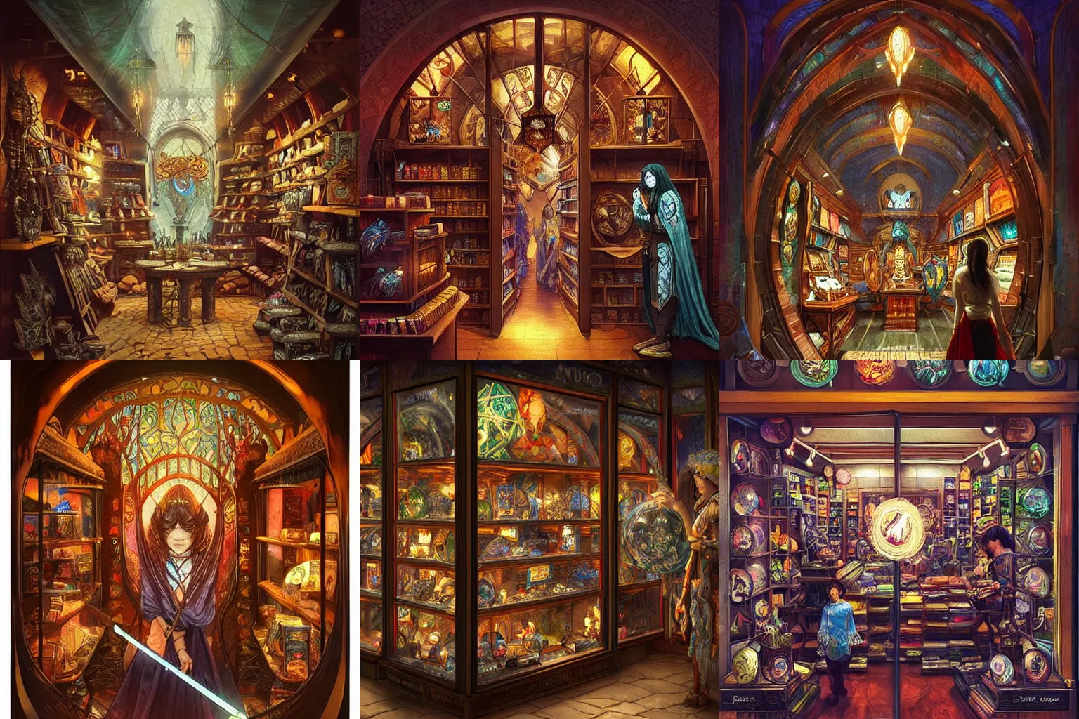 Prompt: “A fantasy store that has rare magic items in glass case, Mexican market inspired, D&D, fantasy, intricate, cinematic lighting, highly detailed, digital painting, artstation, concept art, smooth, sharp focus, illustration, art by Artgerm and Greg Rutkowski and Alphonse Mucha”