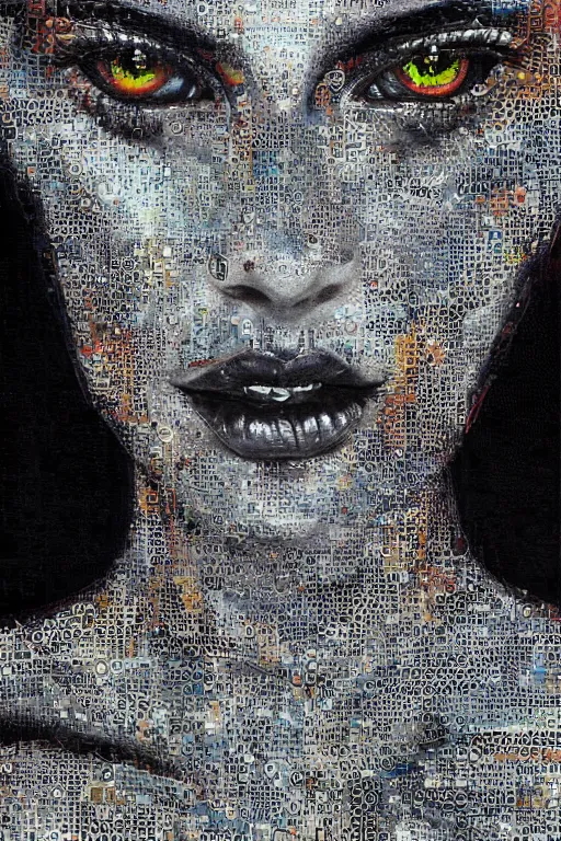 Prompt: photorealism oil painting, close - up portrait of cyborg fashion model with high detailed skin made of random generative art paintings, black background mixed with generative art from artblock, in style of classicism mixed with 8 0 s japanese sci - fi books art