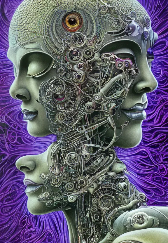 Image similar to perfectly centered portrait, front view of a beautiful biomechanical cyberpunk alien android robot buddha, female, flowing hair, intense stare, sarcastic smile, symmetrical, concept art, intricate detail, volumetric shadows and lighting, realistic oil painting by alex grey and gustave dore,