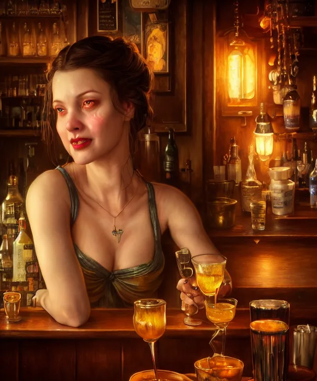 Image similar to hyperrealistic mixed media painting of a beautiful smiling charismatic barmaid, dimly lit cozy tavern, relaxed pose, stunning 3d render inspired art by Gerald Brom and Anna Dittmann + perfect facial symmetry + dim volumetric lighting, 8k octane beautifully detailed render, post-processing, extremely hyperdetailed, intricate, epic composition, grim yet sparkling atmosphere, cinematic lighting + masterpiece, trending on artstation, very very detailed, masterpiece, stunning