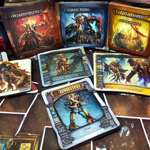 Image similar to a magic the gathering card of a man painting warhammer figurines in his basement,