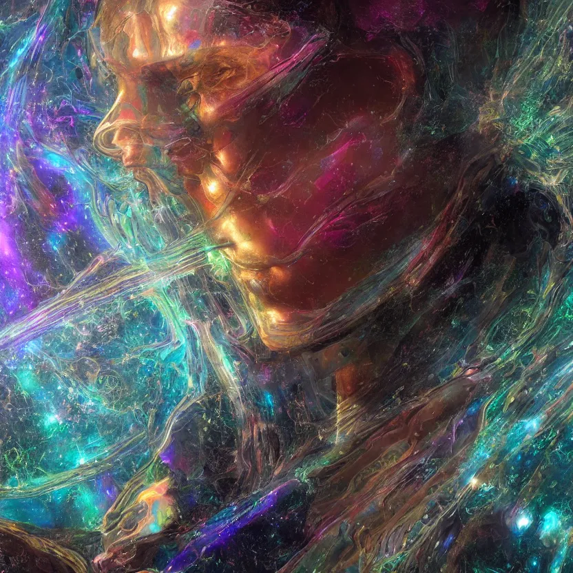 Prompt: a baroque neoclassicist sci - fi close - up portrait of a colorful chrome marble being meditating and weaving fabrics of reality. iridescent textures. glowing fog, black background. highly detailed fantasy science fiction painting by moebius, norman rockwell, frank frazetta, and syd mead. rich colors, high contrast, artstation