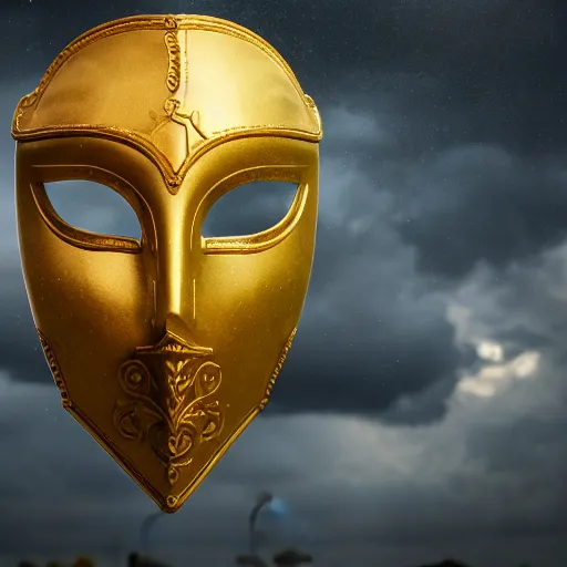 Prompt: an elaborate intricate mask surrounded by storm clouds, rendered in octane, behance hd, bokeh backdrop