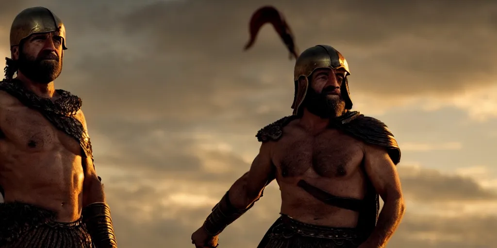 Image similar to epic cinematic film still of joe biden as leonidas in the movie 3 0 0, golden hour lighting, moody sky, 8 k