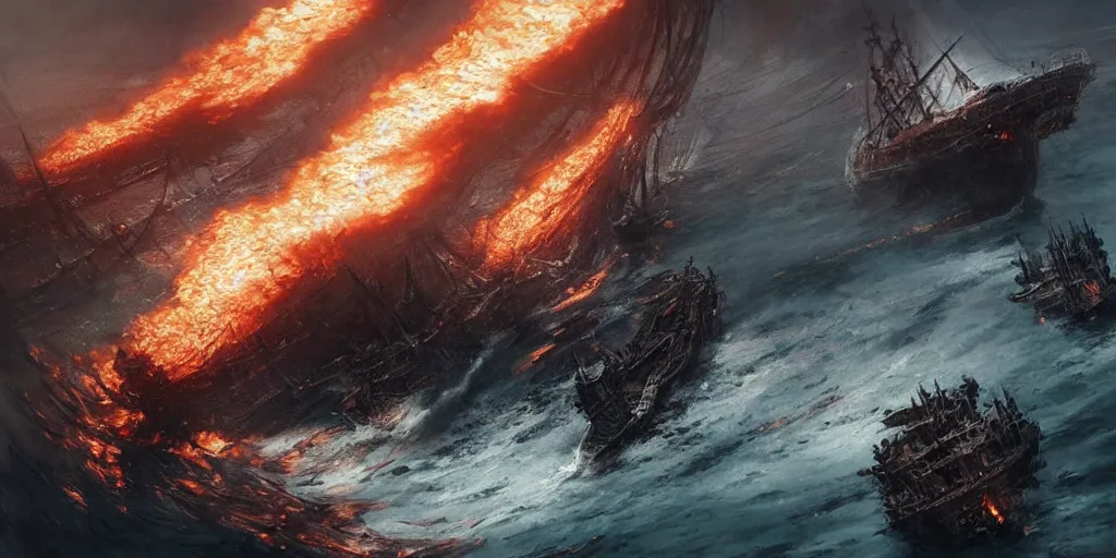 Image similar to A medieval ship flotilla on fire is getting destroyed by a giant kraken sea monster, tentacles, chaos, view from above. In style of Yoji Shinkawa and Hyung-tae Kim, trending on ArtStation, Greg Rutkowski, dark fantasy, great composition, concept art, highly detailed, scenery.