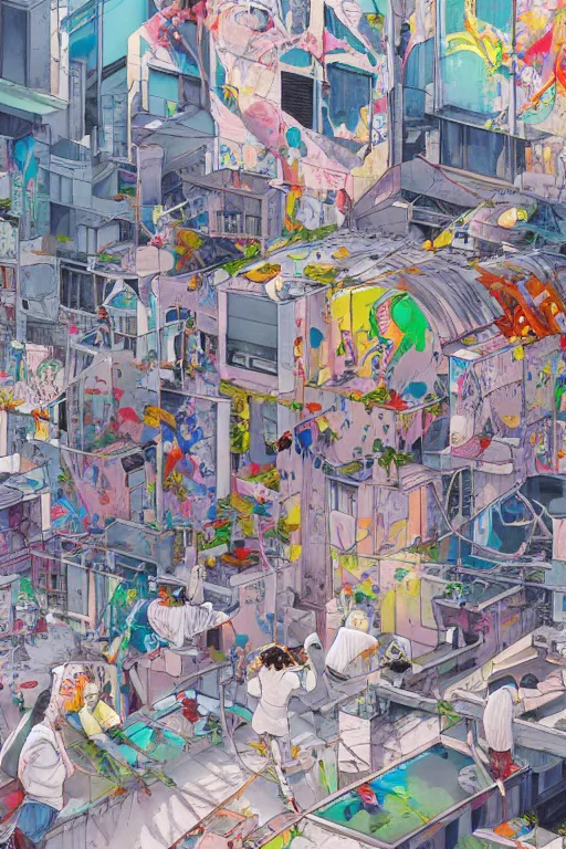 Image similar to people in a busy city people looking at a white building covered with graffiti paint dripping down to the floor, professional illustration by james jean, painterly, yoshitaka amano, hiroshi yoshida, moebius, loish, painterly, and artgerm, illustration