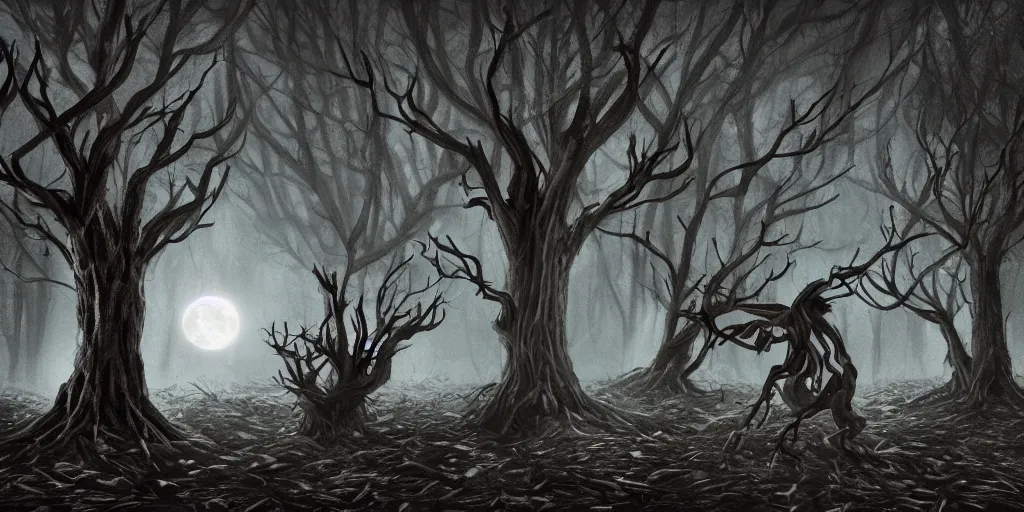 Prompt: Concept art of a dark forest, dead trees, branches, stone hands reaching out of the ground, full moon, night time, digital art, creepy, high saturation Keith Thompson