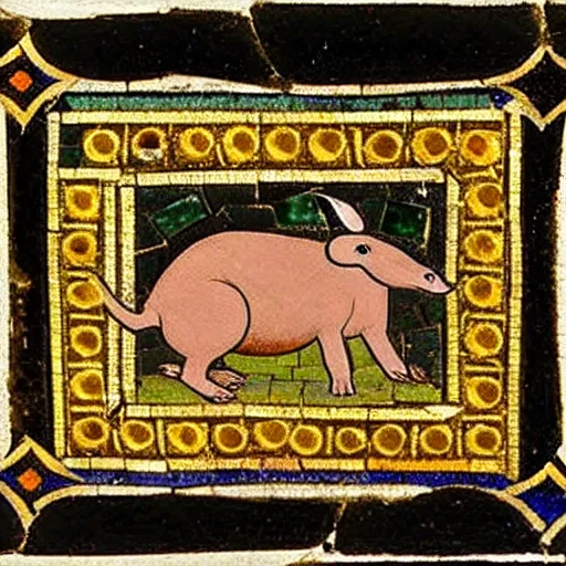 Prompt: A Mughal miniature style Mosaic made with Ochre on Ceramic of An aardvark arrogantly pinching A Camera in the style of Carle Van Loo