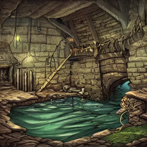 Image similar to drowned bandit lair, sewers, victorian, warehouse, fantasy art