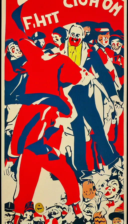 Image similar to a propaganda poster of a clown fight, soviet - era, 1 9 6 0 s, color palette, cold war, colors