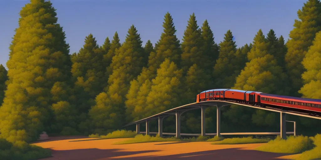 Image similar to tall bridge for trains, in the forest, blue sky, summer evening, kenton nelson