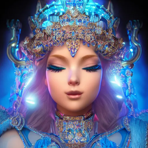 Prompt: photo of princess of sapphire, she has her eyes closed, glowing, ornate and intricate blue jewelry, jaw dropping beauty, glowing background lighting, blue accent lighting, hyper detailed, award winning photography, 4 k octane render