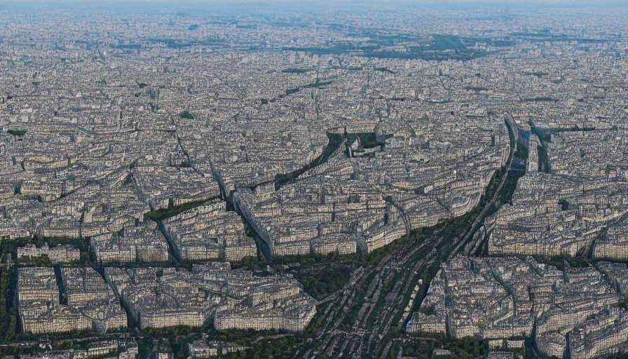 Prompt: Aerial view of Paris with lots of vegetation, hyperdetailed, artstation, cgsociety, 8k