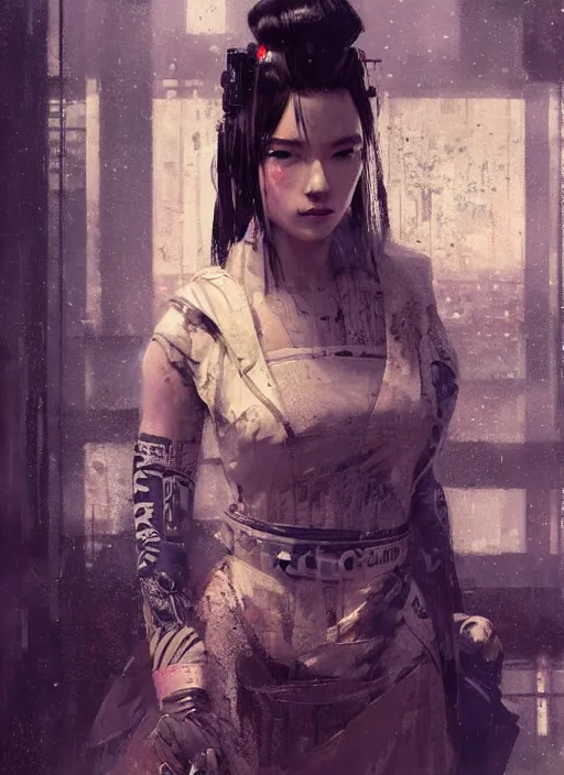 Prompt: cyberpunk geisha, rule of thirds, intricate outfit, spotlight, by greg rutkowski, by jeremy mann, digital painting