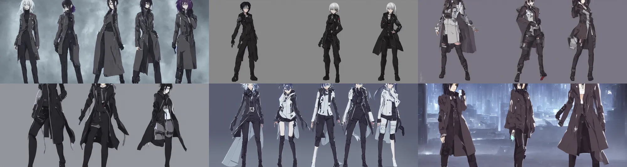 Prompt: a female anime cyberpunk dream police detective wearing a heavy trench coat, character concept exploration, concept art, inspired by ergo proxy, clear outfit design, techwear, trending on artstation, clear shapes, clean lines, clean edges, full body