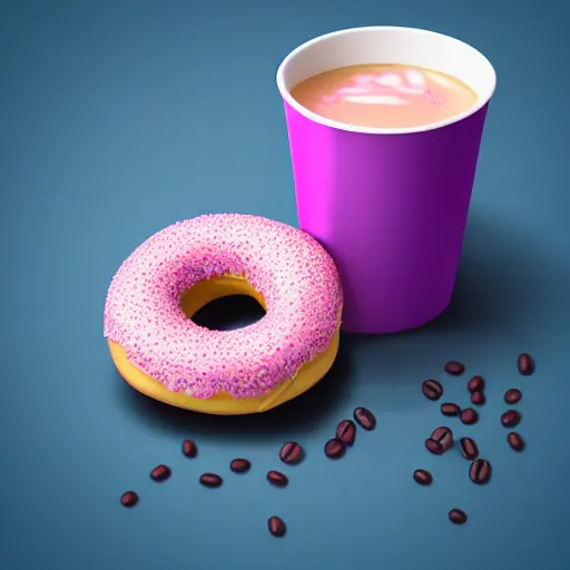 Image similar to pink coffee cup full of donuts, blue pig sitting in chair, ultra realistic, 8 k